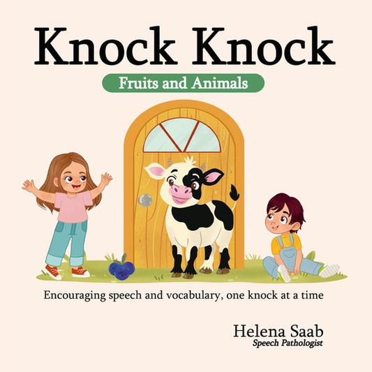 Knock Knock Fruits and Animals lift-the-flap board book by speech pathologist Helena Saab